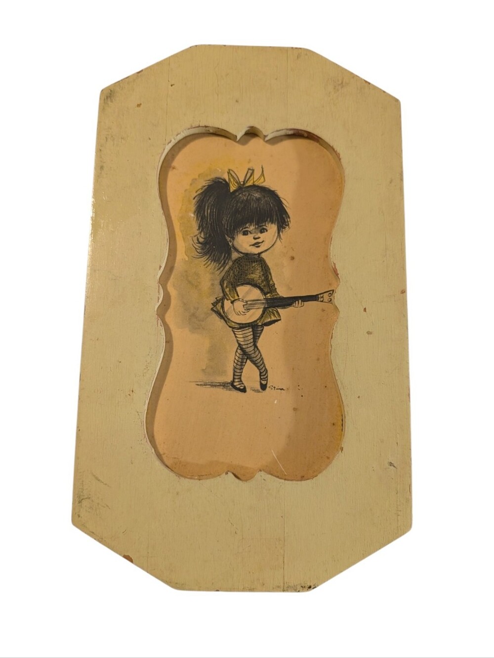 Vintage Stima Signed Art Print Little Girl Playing Banjo Framed Wall Decor